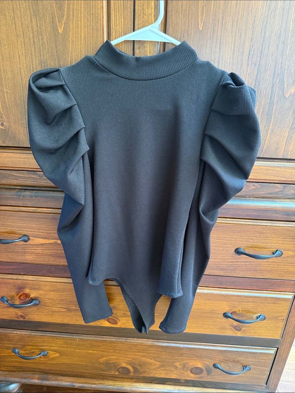Elegant Black Puff-Sleeve Mock Neck Bodysuit